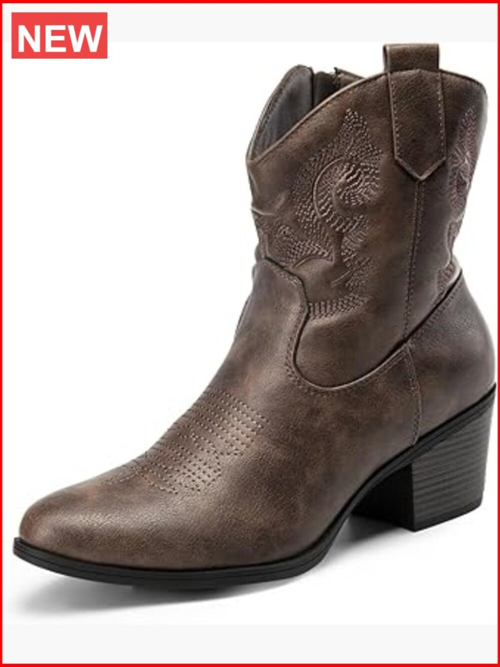 Faux Leather Embroidered Western Ankle Booties Low Chunky Heel - Picture 1 of 7